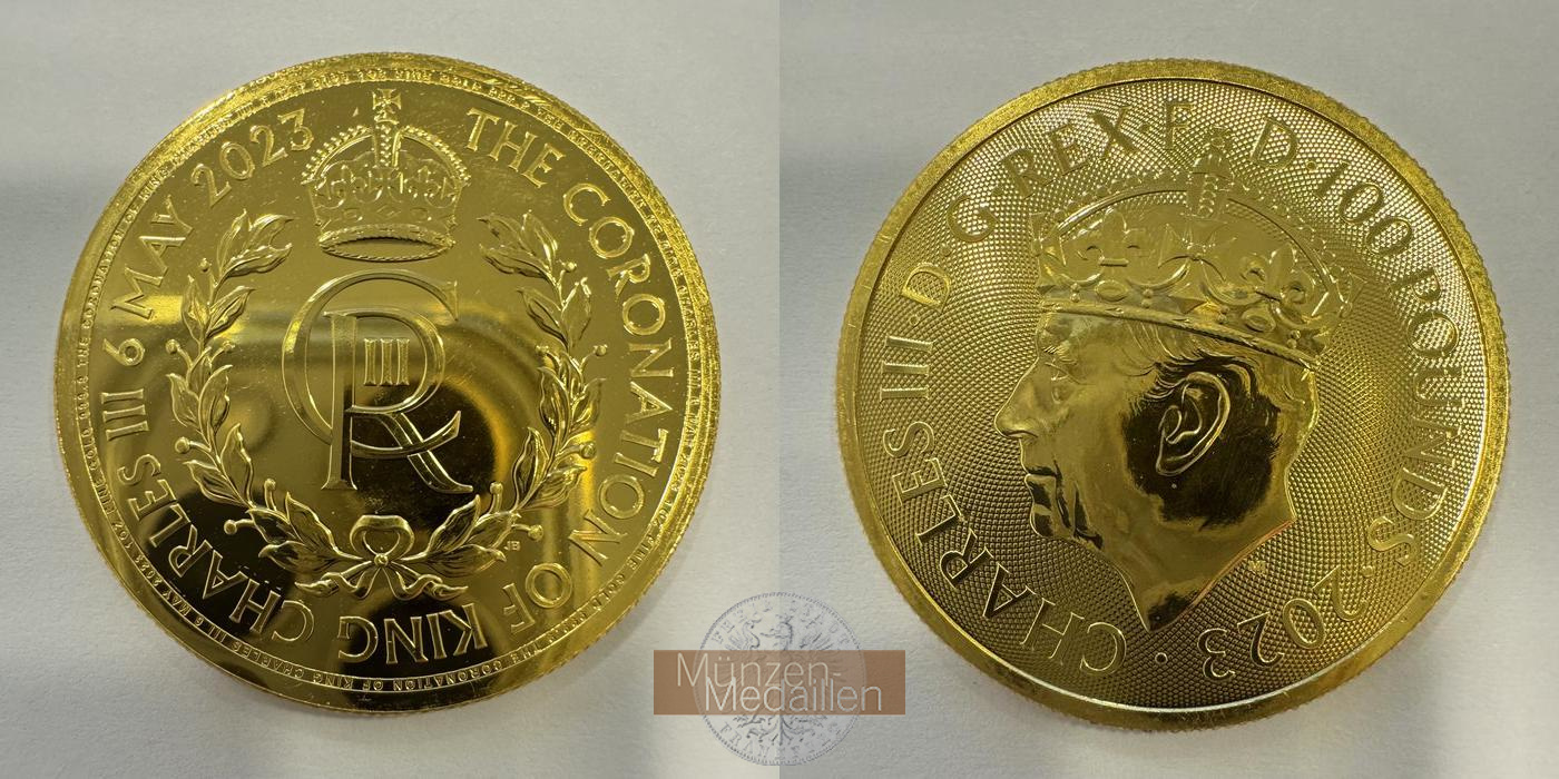  UK 100 Pounds Charles III (Coronation; 1 oz Fine Gold) 2023 MM-Frankfurt Feingold: 31,18g   