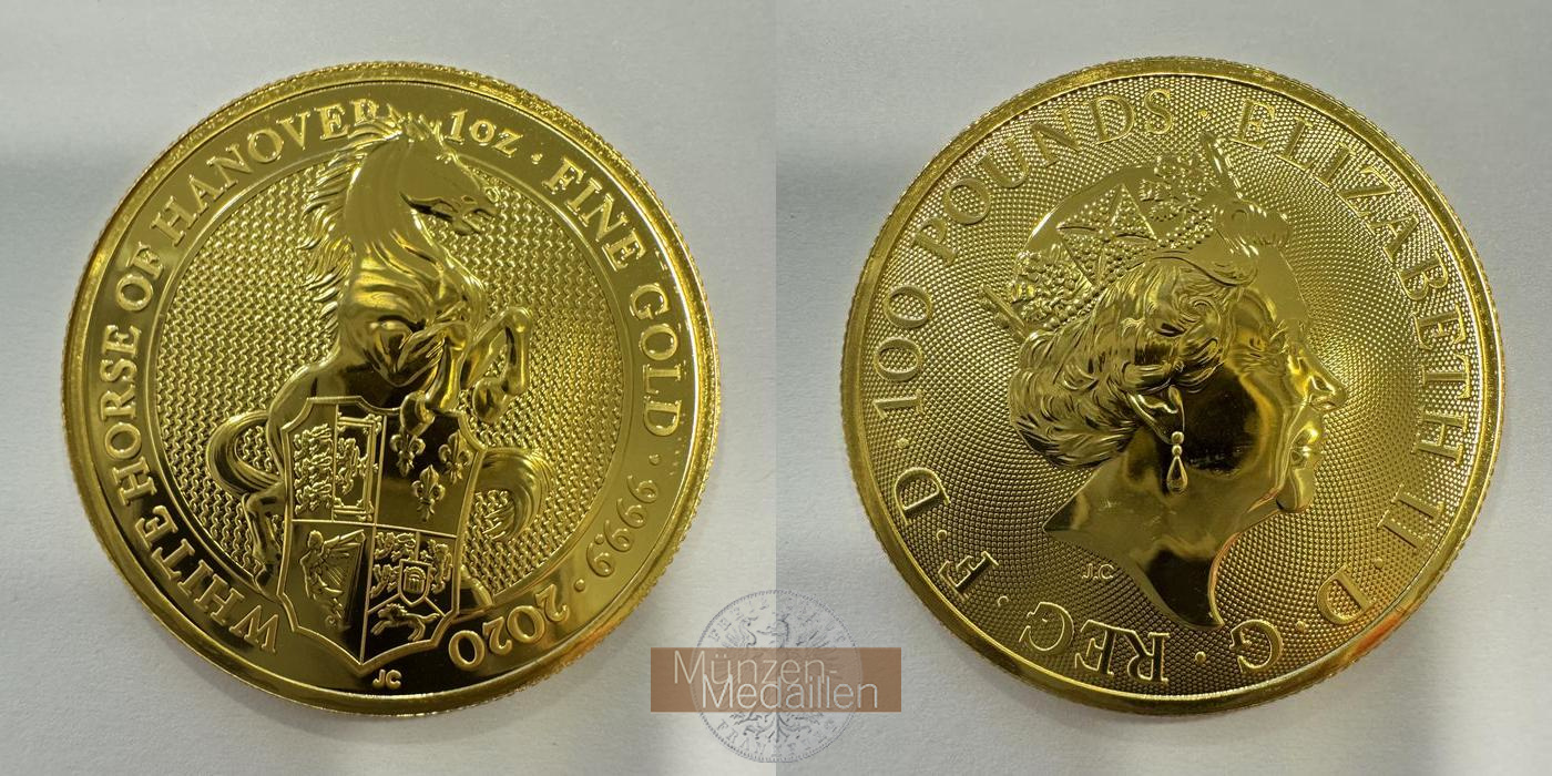  UK, Elisabeth II.  100 Pounds 2020 - White Horse of Hanover  MM-Frankfurt Feingold: 31,18g   