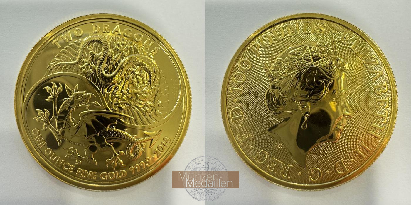 UK 100 Pounds Elizabeth II (Two Dragons; 1 oz Fine Gold) 2018 MM-Frankfurt Feingold: 31,1g   