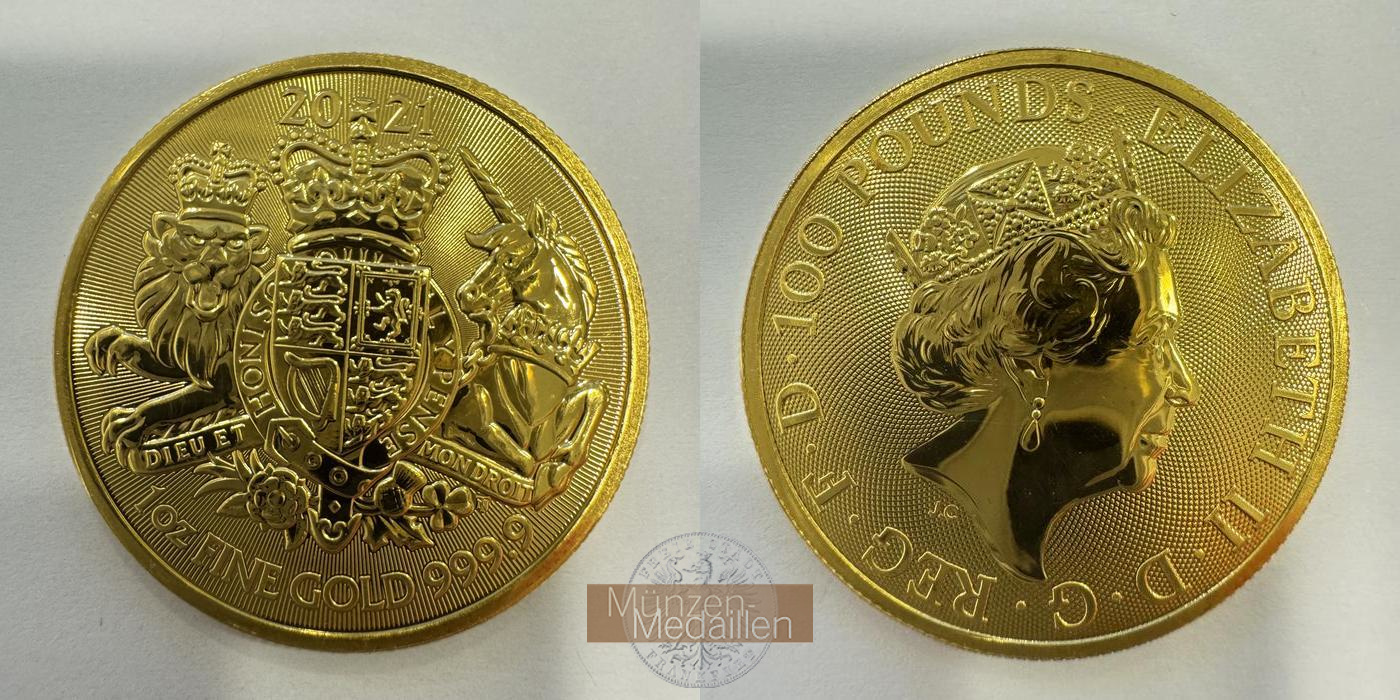  UK 100 Pounds Elizabeth II (Royal Arms; 1 oz Fine Gold) 2021 MM-Frankfurt Feingold: 31,1g   