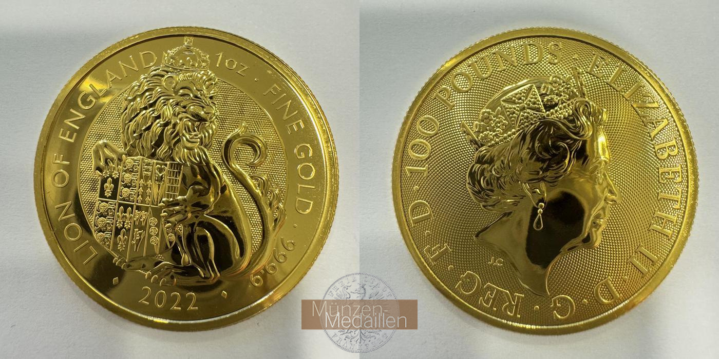  UK 100 Pounds Elizabeth II (Lion of England; 1 oz Fine Gold) 2022 MM-Frankfurt Feingold: 31,1g   