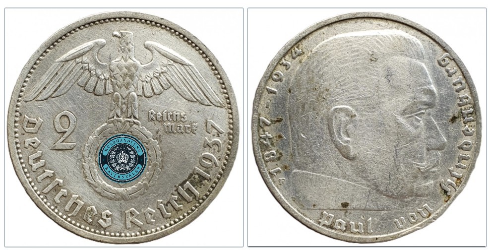  Deutschland - Drittes Reich 2 Reichsmark, 1937 Münzzeichen: F - Stuttgart   