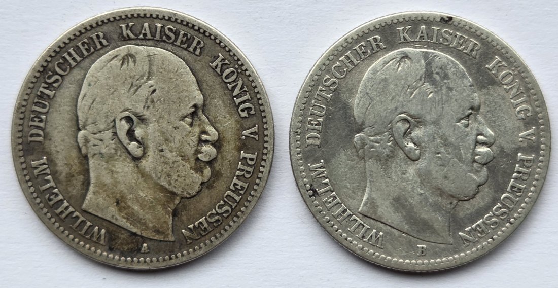  Kaiserreich: Preußen, 2 Mark Wilhelm I. (Jaeger 96), 2 Stück (1876 A + 1876 B)   
