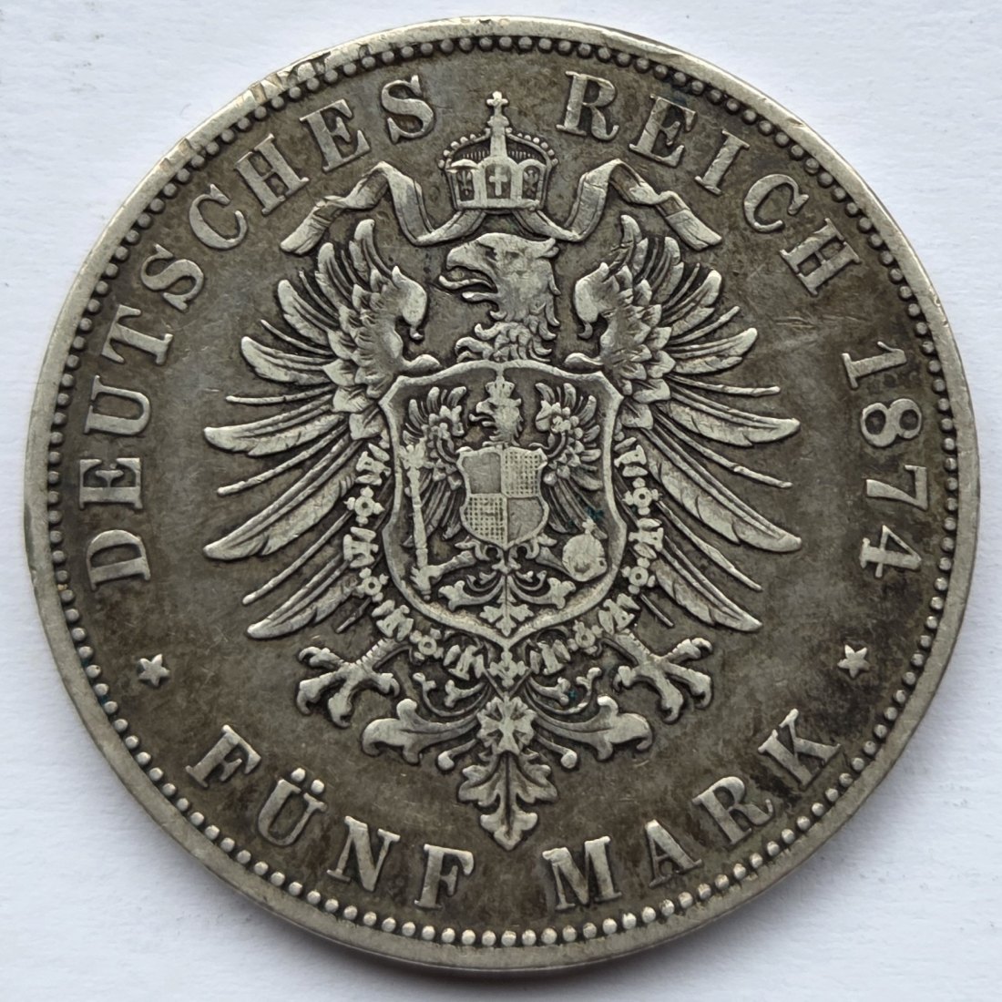  Kaiserreich: Preußen, 5 Mark Wilhelm I. (Jaeger 97), 1874 A   
