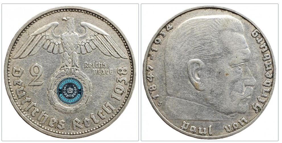  Deutschland - Drittes Reich 2 Reichsmark, 1938 Münzzeichen: J - Hamburg   