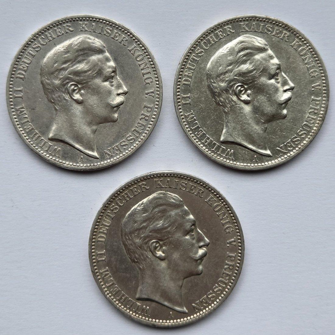  Kaiserreich: Preußen, 3 Mark Wilhelm II. (Jaeger 103), 3 Stück (1908 + 1909 + 1910)   
