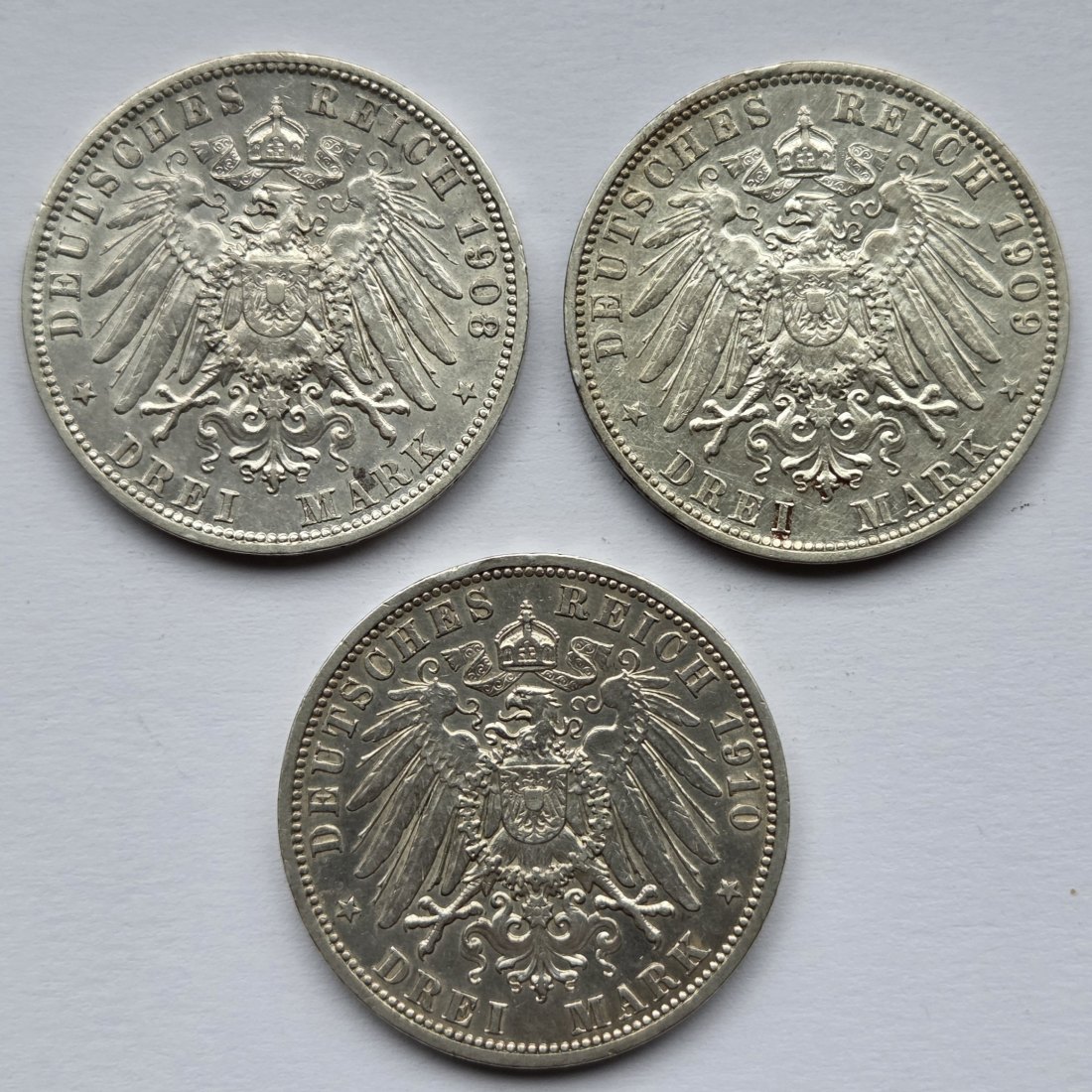  Kaiserreich: Preußen, 3 Mark Wilhelm II. (Jaeger 103), 3 Stück (1908 + 1909 + 1910)   