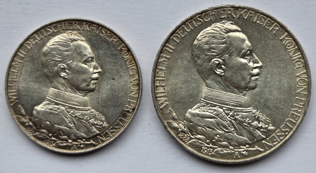  Kaiserreich: Preußen, 2 + 3 Mark Wilhelm in Uniform 1913 (Jaeger 111 + 112)   