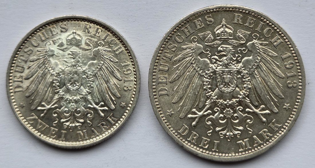  Kaiserreich: Preußen, 2 + 3 Mark Wilhelm in Uniform 1913 (Jaeger 111 + 112)   