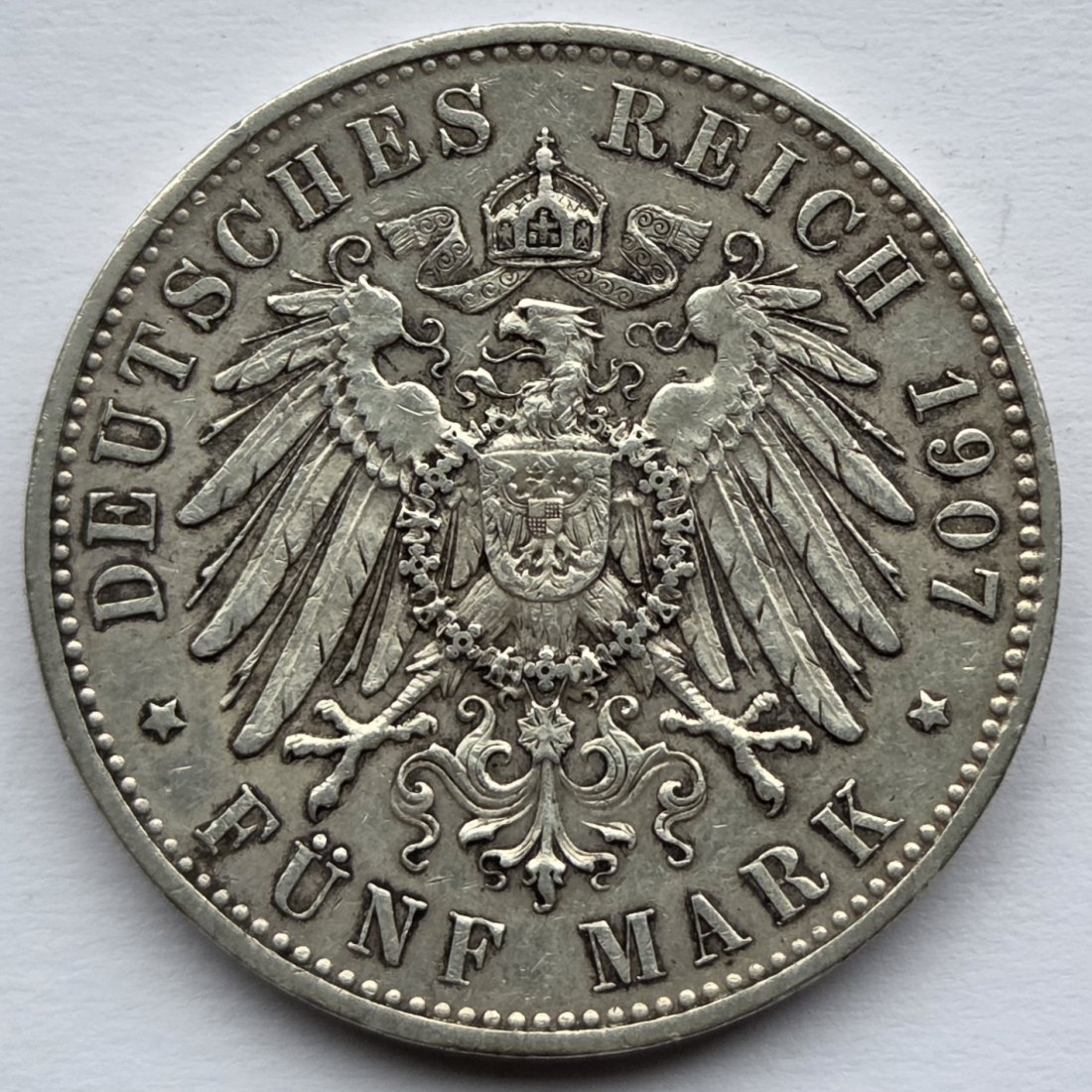  Kaiserreich: Sachsen, 5 Mark Friedrich August III. (Jaeger 136), 1907   