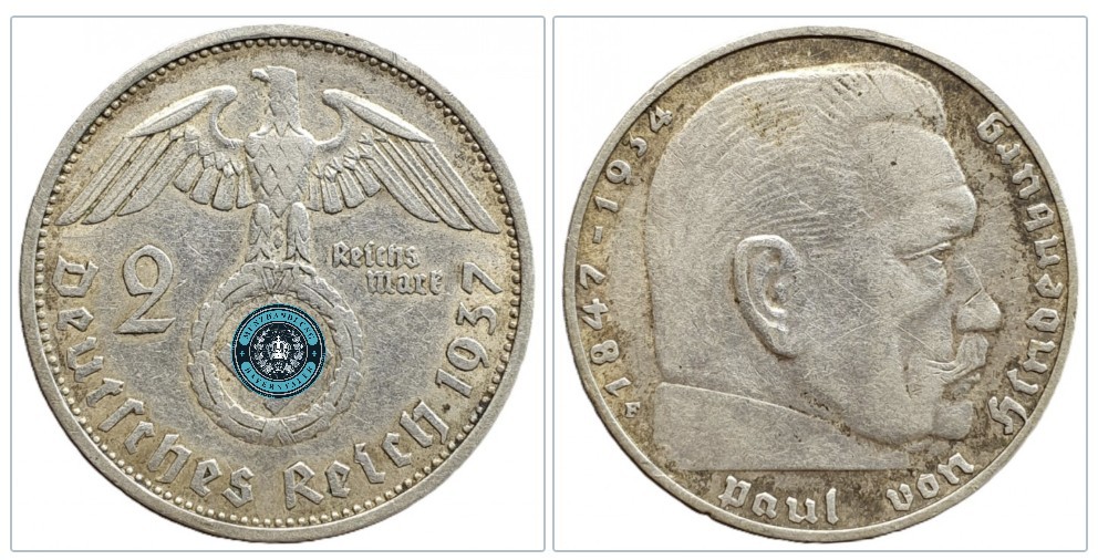  Deutschland - Drittes Reich 2 Reichsmark, 1937 Münzzeichen: F - Stuttgart   