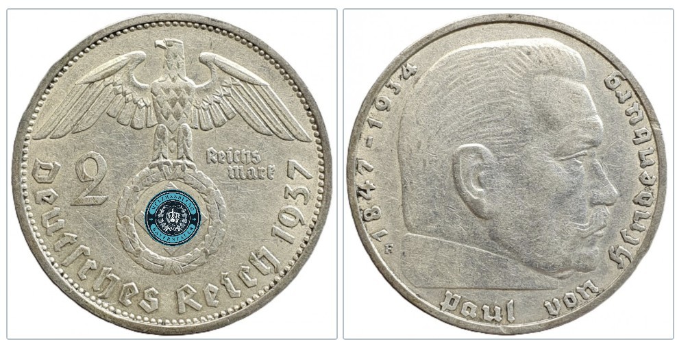  Deutschland - Drittes Reich 2 Reichsmark, 1937 Münzzeichen: F - Stuttgart   