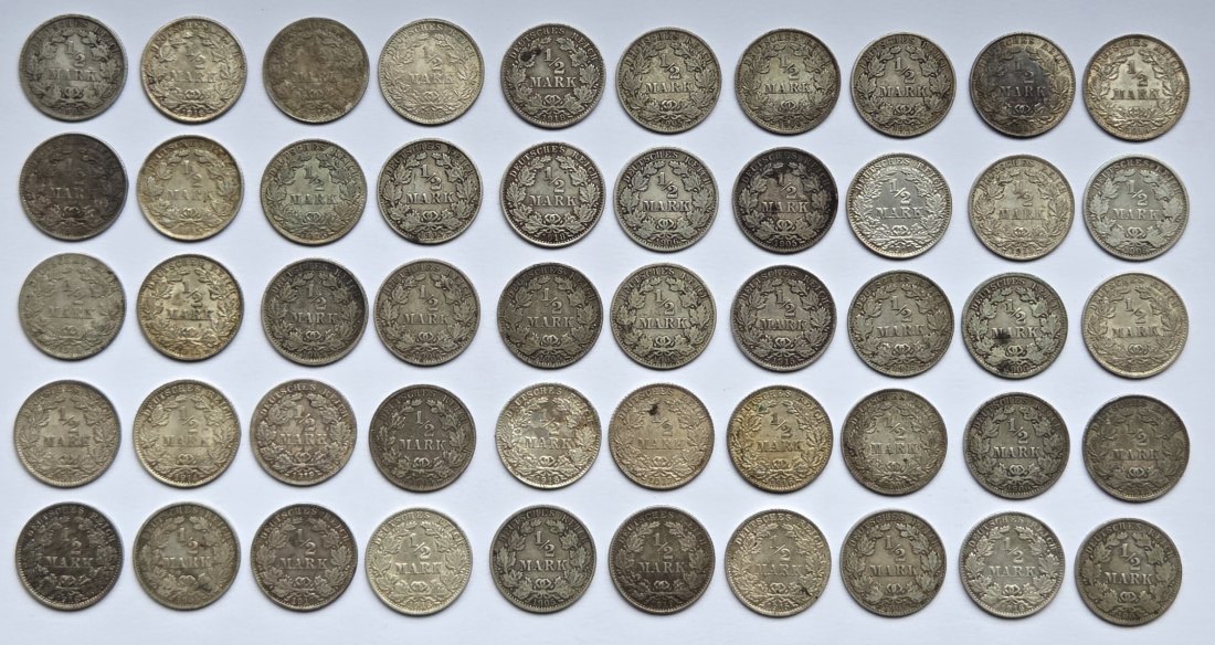  Kaiserreich: 50 x 1/2 Mark, zusammen 125 g Feinsilber   