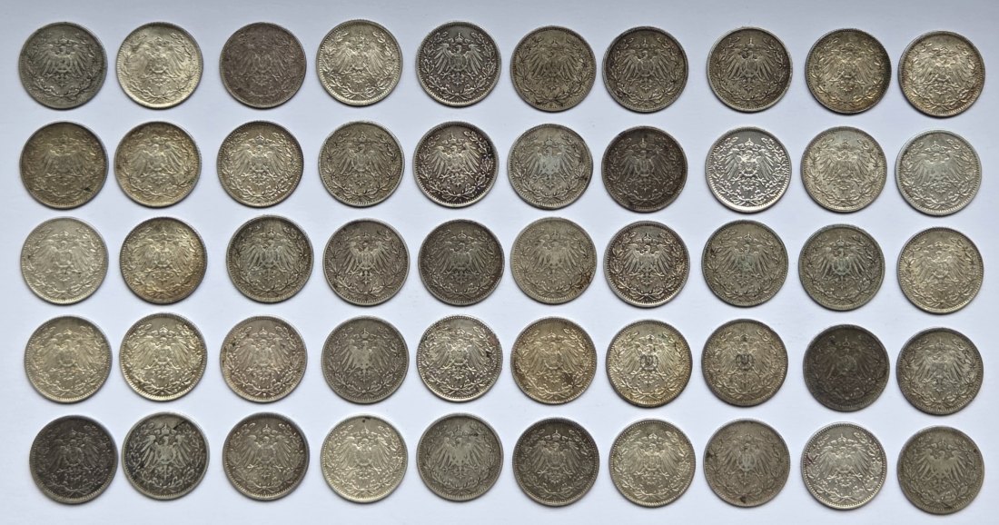  Kaiserreich: 50 x 1/2 Mark, zusammen 125 g Feinsilber   