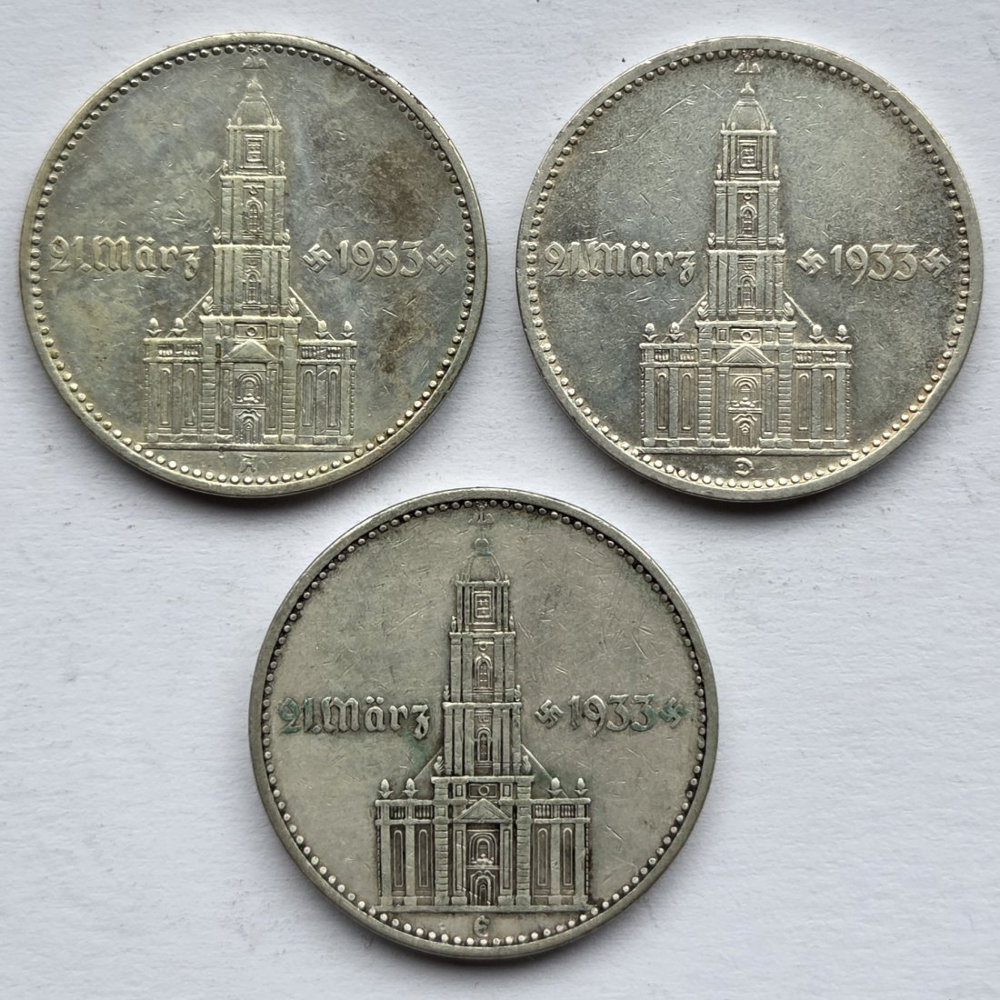  Deutsches Reich: 2 Mark Garnisonkirche 1934 (Jaeger 355), 3 Stück (A + D + E)   