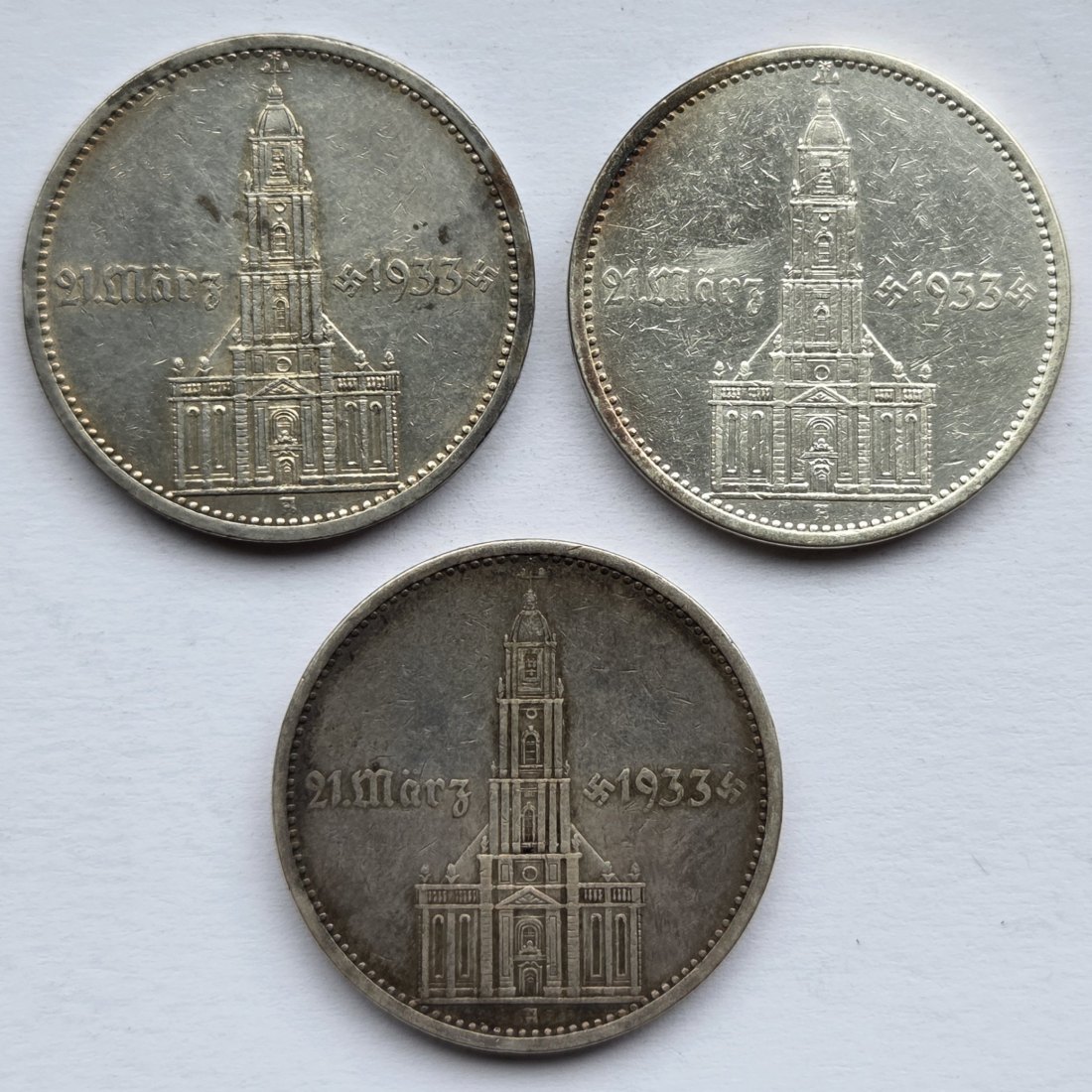  Deutsches Reich: 5 Mark Garnisonkirche 1934 (Jaeger 356), 3 Stück (A), zusammen 37,5 g Feinsilber   