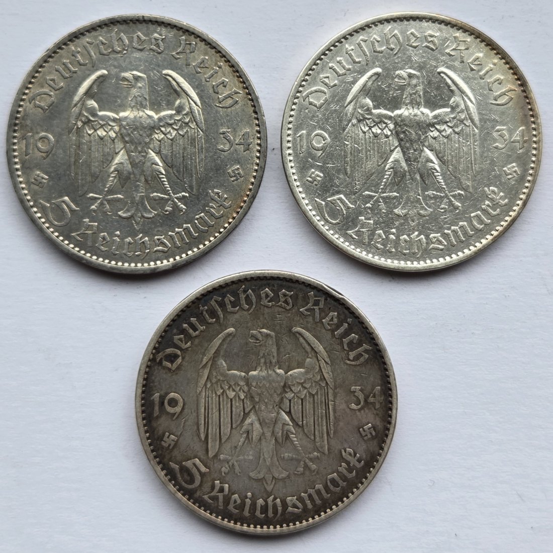  Deutsches Reich: 5 Mark Garnisonkirche 1934 (Jaeger 356), 3 Stück (A), zusammen 37,5 g Feinsilber   