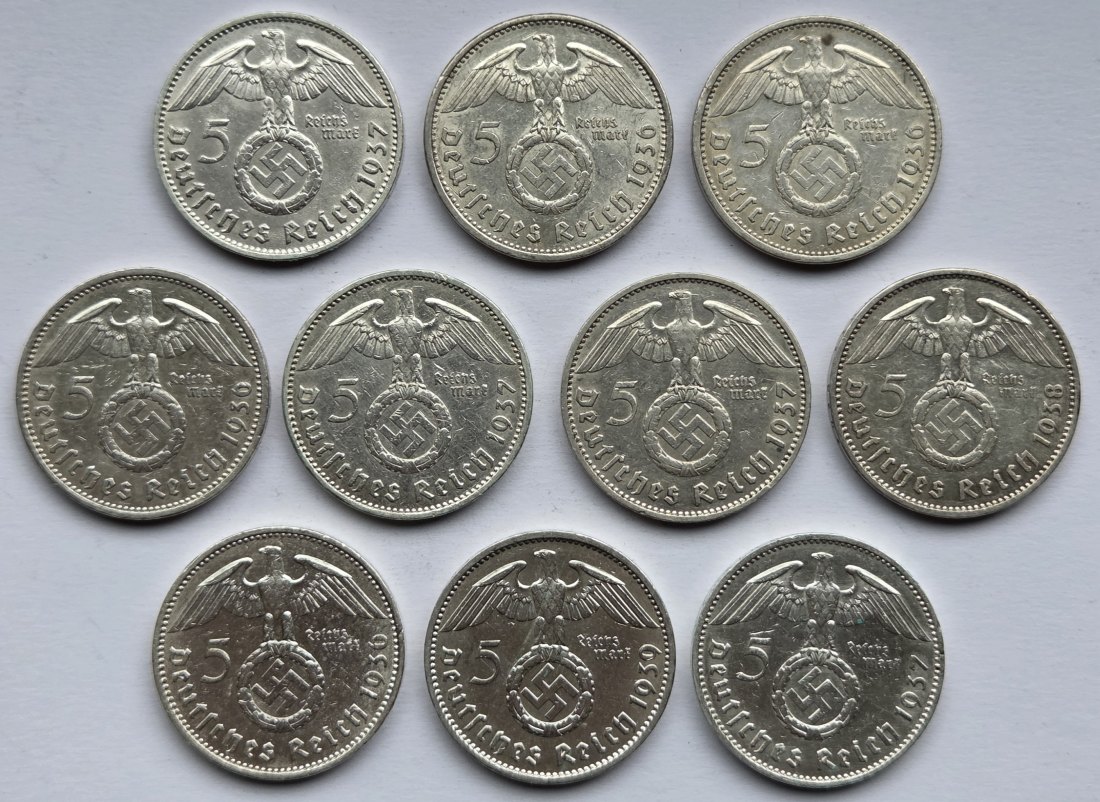  Deutsches Reich: 10 x 5 Mark Hindenburg, zusammen 125 g Feinsilber   