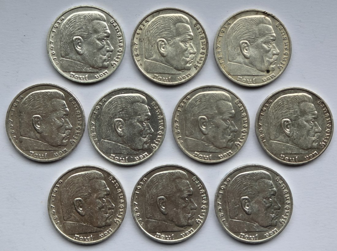 Deutsches Reich: 10 x 5 Mark Hindenburg, zusammen 125 g Feinsilber   
