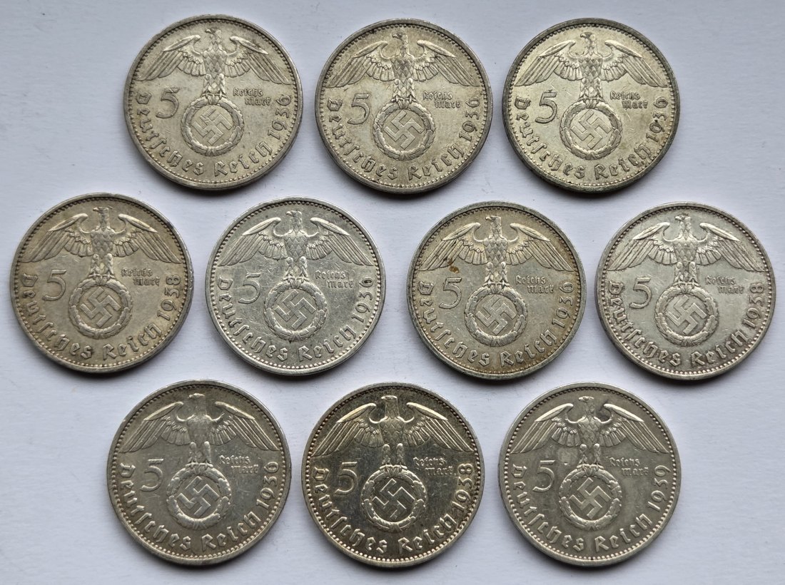  Deutsches Reich: 10 x 5 Mark Hindenburg, zusammen 125 g Feinsilber   
