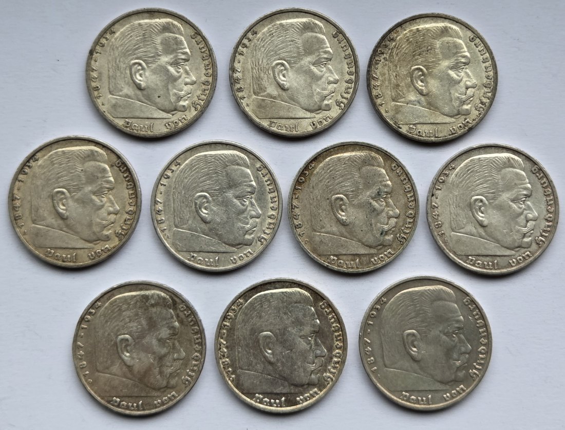  Deutsches Reich: 10 x 5 Mark Hindenburg, zusammen 125 g Feinsilber   