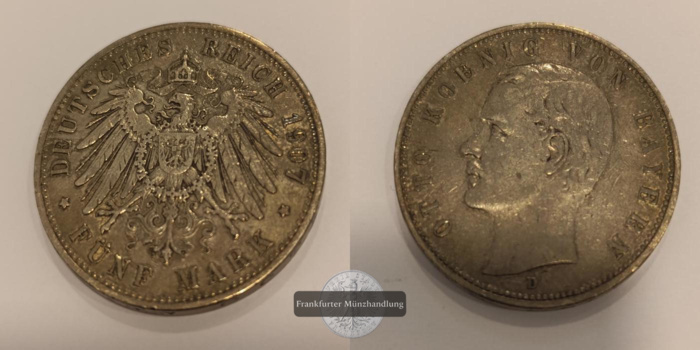  Dt. Kaiserreich Bayern, 5 Mark 1907 (1891-1913) 'D' Otto FM-Frankfurt KM#915 Feinsilber: 25g   