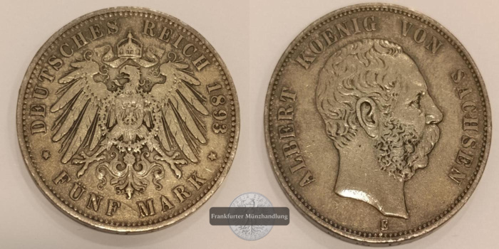  Deutsches Kaiserreich Sachsen 5 Mark  1893 E Albert KM#1246 FM-Frankfurt  Feinsilber: 25g   