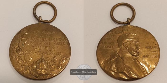  Preußen, Kaiser-Wilhelm-Erinnerungsmedaille 1897 FM-Frankfurt Bronze (Vergoldet):34,17g   