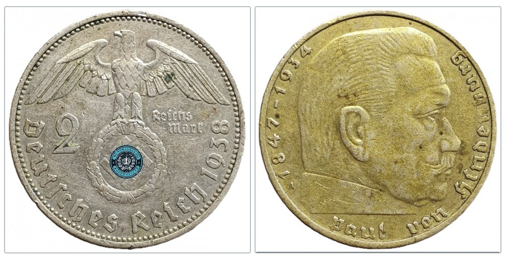  Deutschland - Drittes Reich 2 Reichsmark, 1938 gelbe Patina   