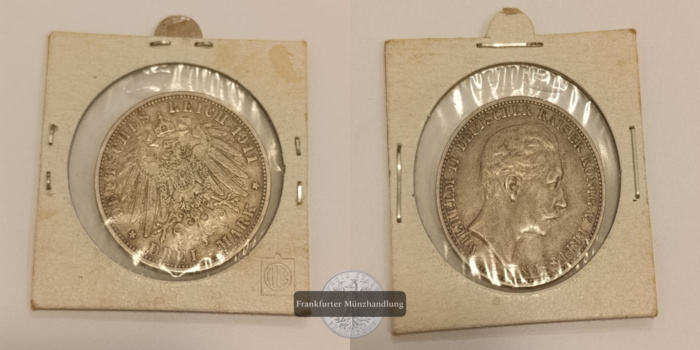  Dt. Kaiserreich, Preussen 3 Mark 1911 'A' Wilhelm II FM-Frankfurt KM#527 Feinsilber: 15g   