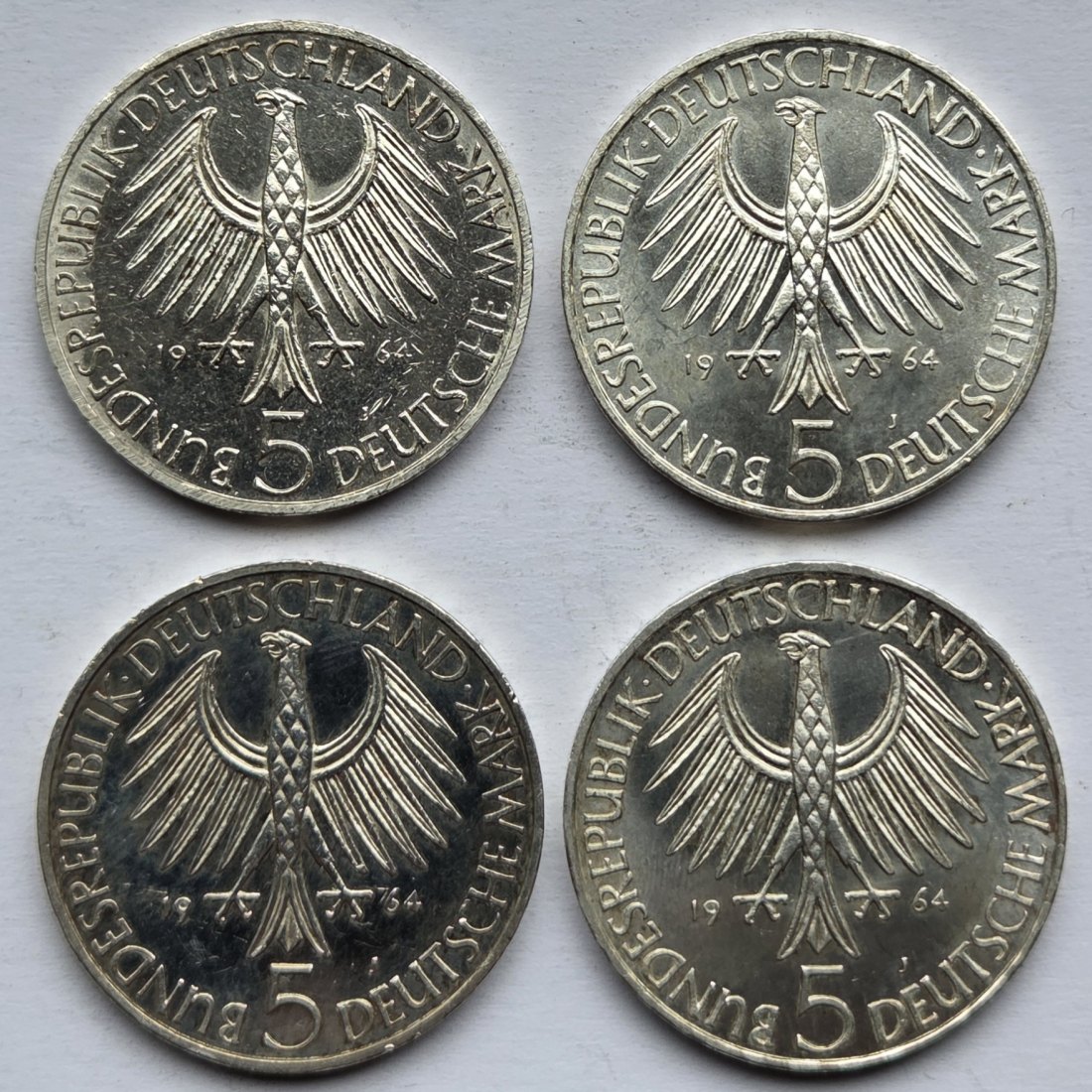  Deutschland: 5 DM Fichte 1964, 4 Stück, 28 g Feinsilber   