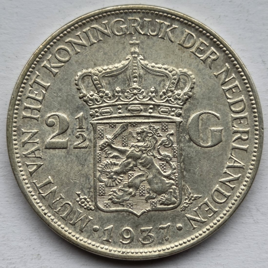  Niederlande: 2 1/2 Gulden Wilhelmina 1937, 18 g Feinsilber   