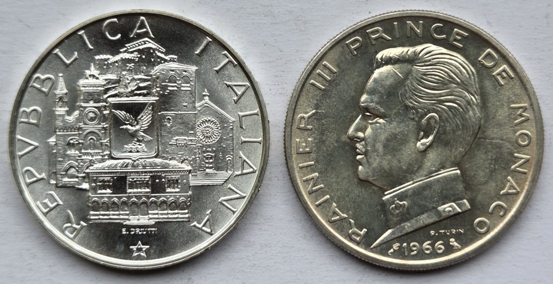  Italien/Monaco: Lot aus zwei Silbermünzen, zusammen 19,2 g Feinsilber   