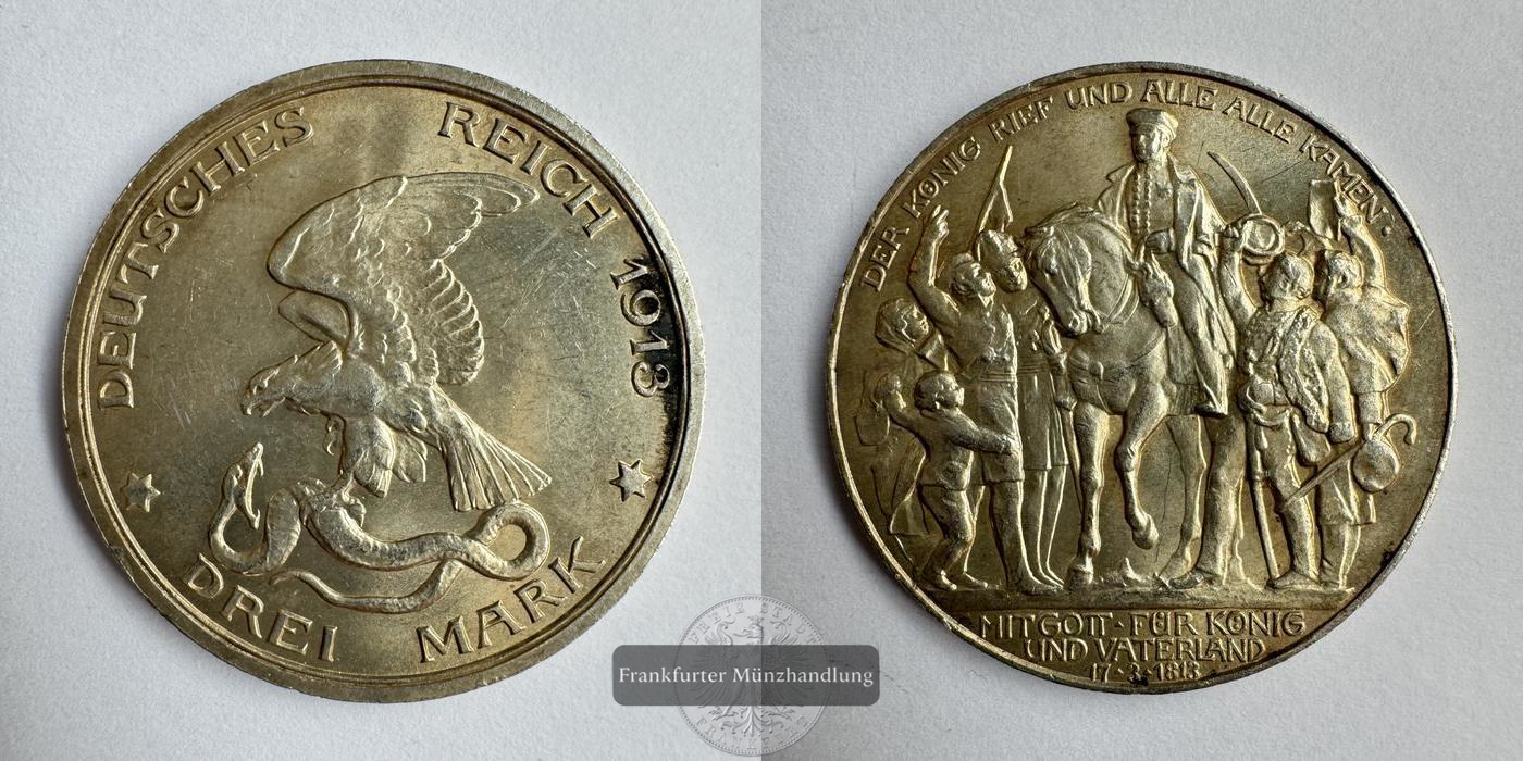  Dt. Kaiserreich Preussen, Wilhelm II. 3 Mark 1913 FM-Frankfurt KM#534 Feinsilber: 15g   