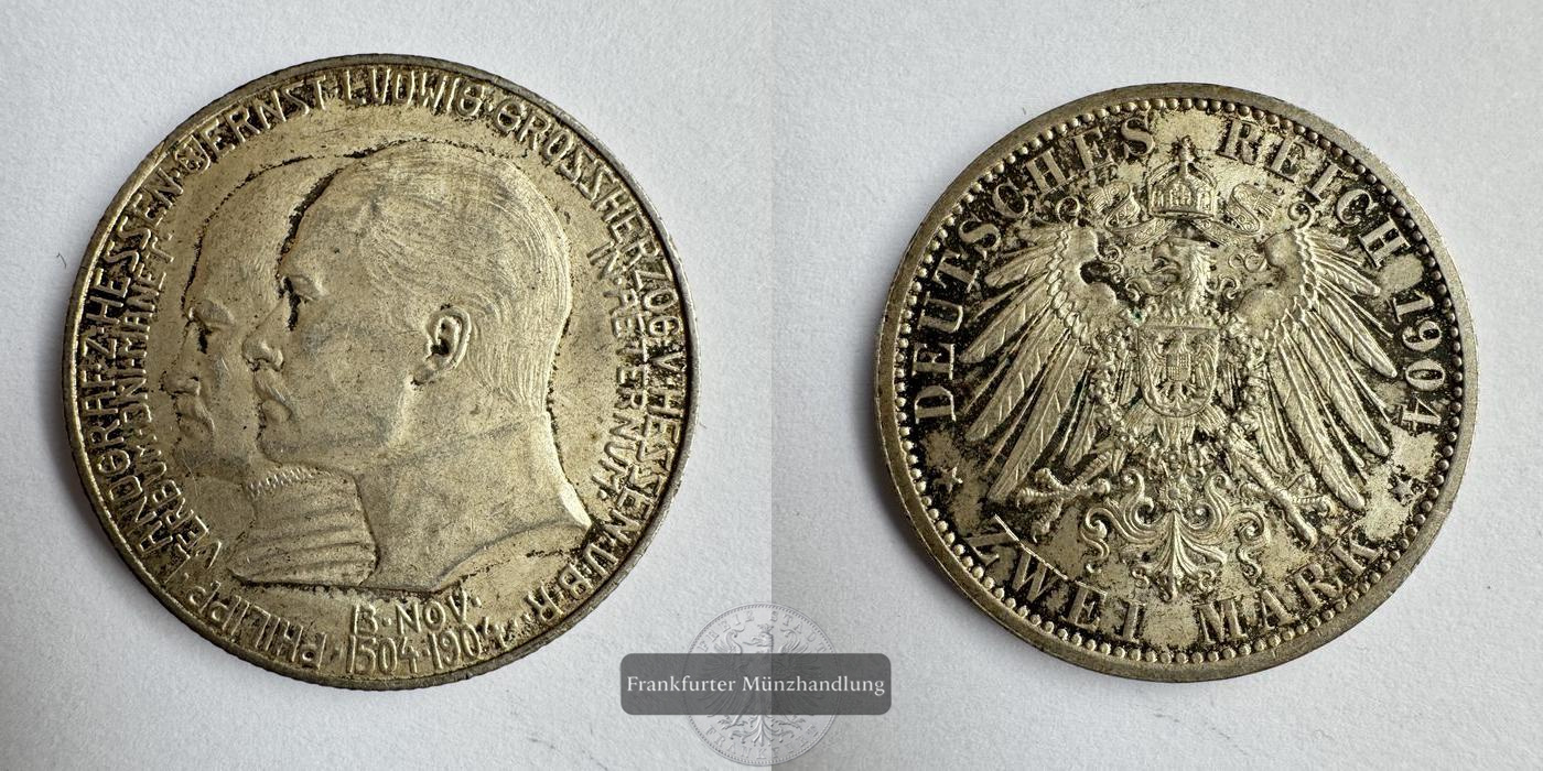  DE Hessen 2 Mark Ernest Louis (Philip the Magnanimous) 1904 FM-Frankfurt KM#372 Feinsilber: 10g   