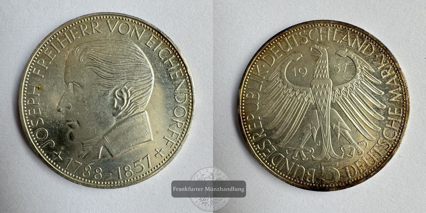  Deutschland 5 Mark 1957 J Joseph Freiherr von Eichendorff FM-Frankfurt KM#117 Feinsilber: 7g   