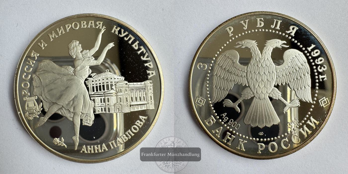  Russland 3 Rubel 1993 Anna Pawlowa FM-Frankfurt Y#450 Feinsilber: 31,4g   