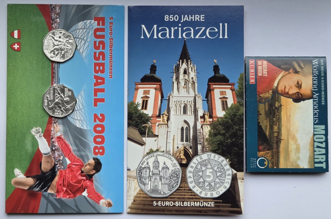  Österreich 4 x 5 Euro Silbermünzen im Blister, zusammen 32 g Feinsilber   