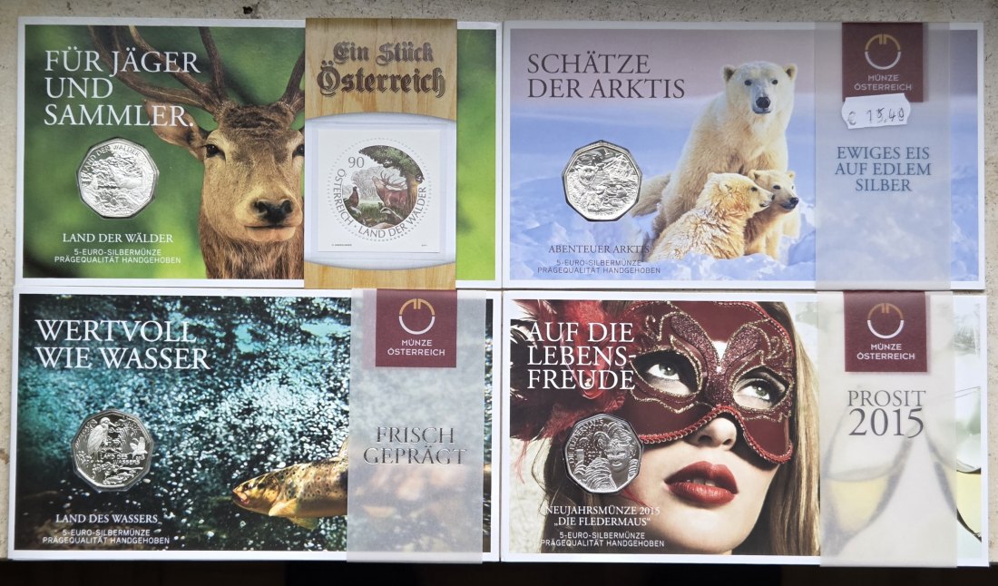 Österreich 4 x 5 Euro Silbermünzen im Blister, zusammen 32 g Feinsilber   
