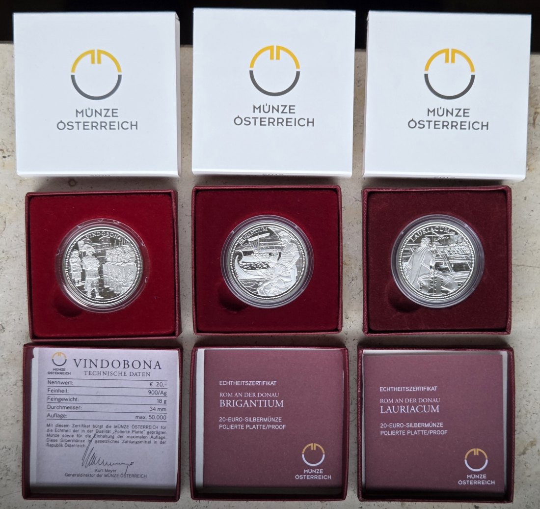  Österreich: 3 x 20 Euro Römer, zusammen 54 g Feinsilber   