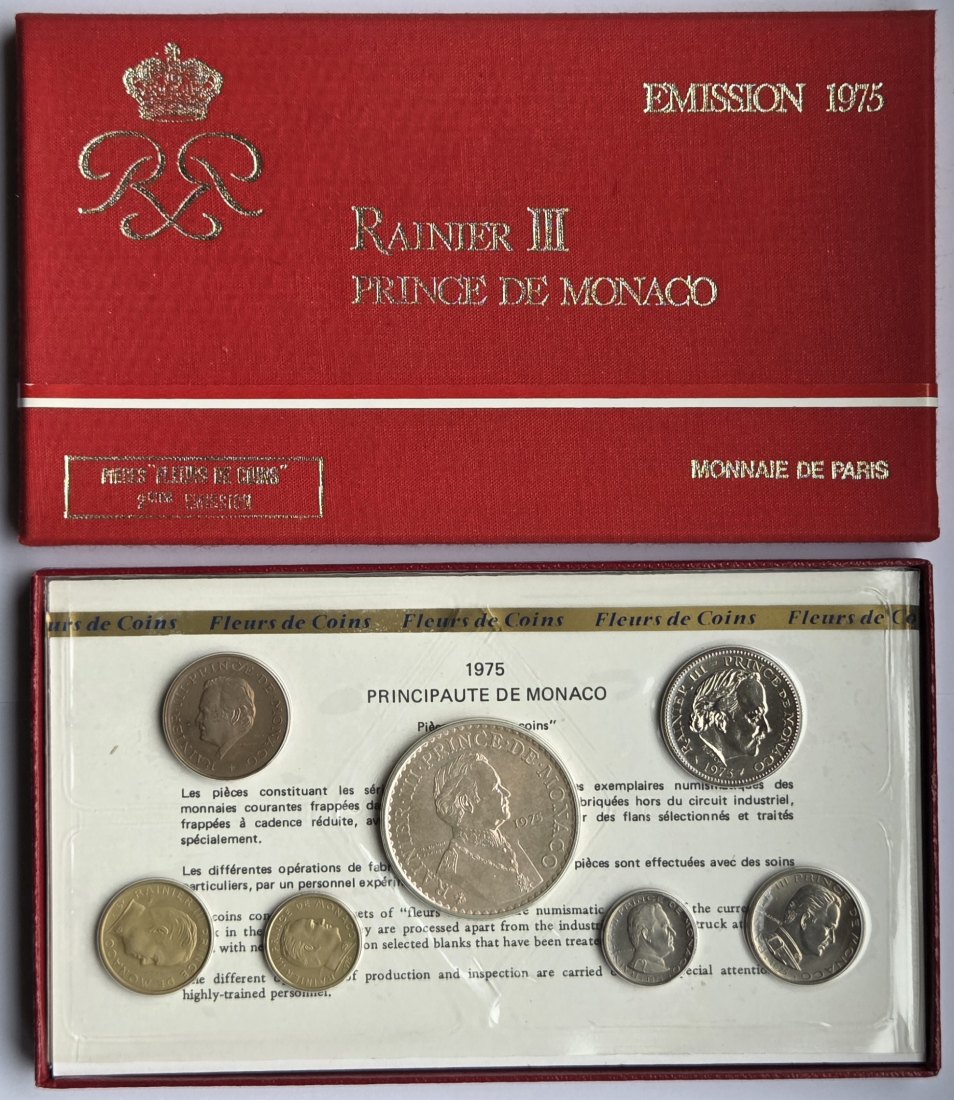  Monaco: Kursmünzensatz 1975, enthält 27 g Feinsilber   