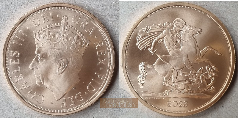 Grossbritannien, König Karl III MM-Frankfurt Feingold: 36.63g 5 Sovereign 2023 
