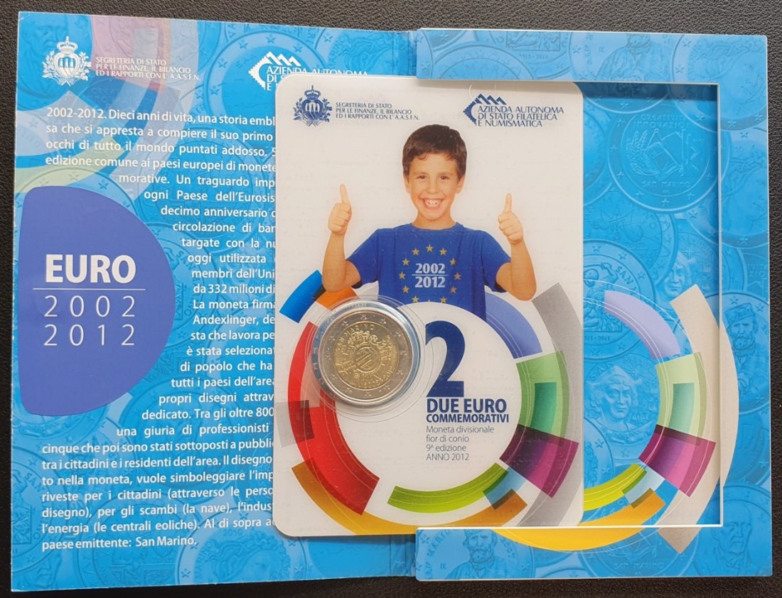  San Marino 2 Euro 2012 Gedenkmünze 10 Jahre Euro-Bargeld Stempelglanz Blister Coincard   