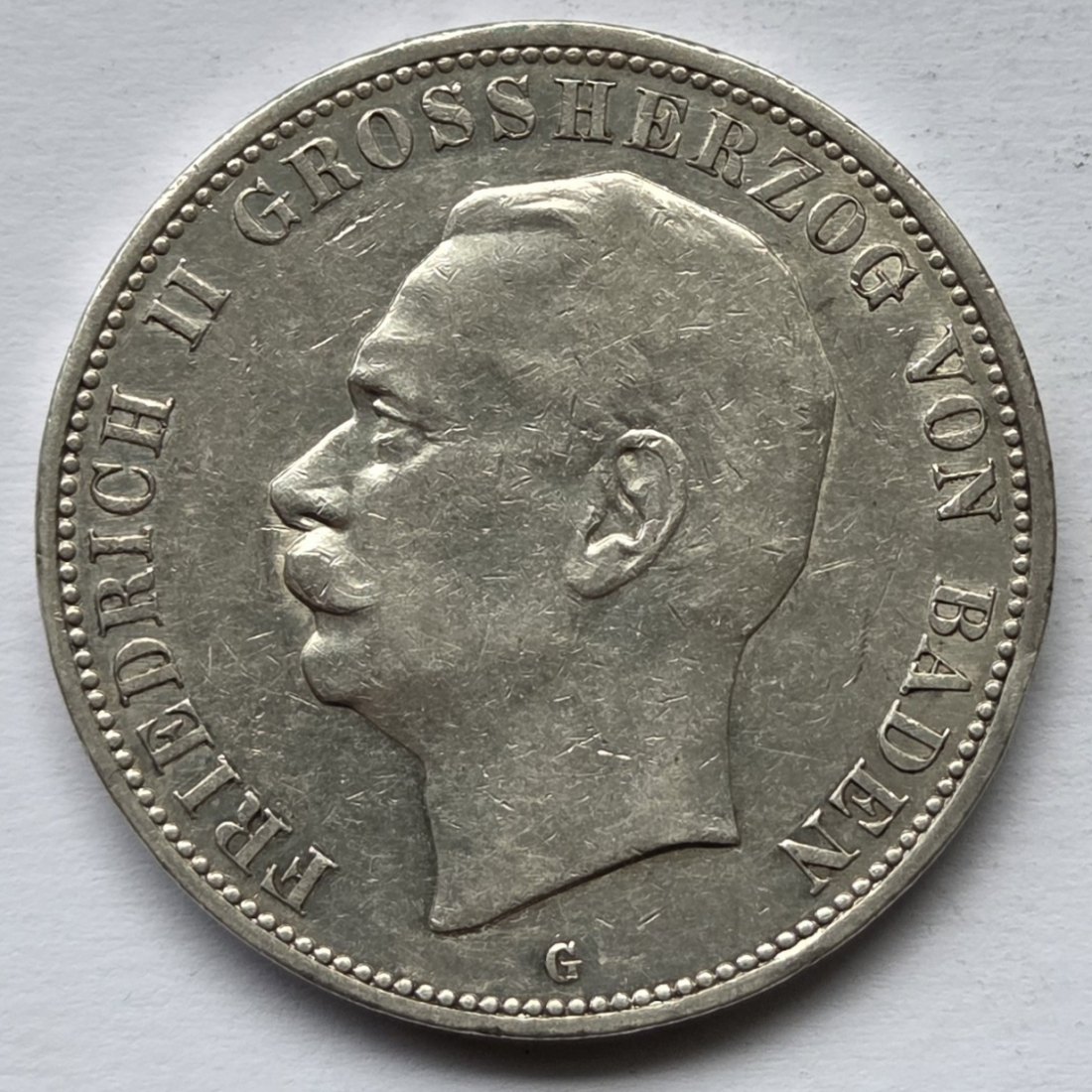  Kaiserreich: Baden, 5 Mark Friedrich II. (Jaeger 40), 1908   