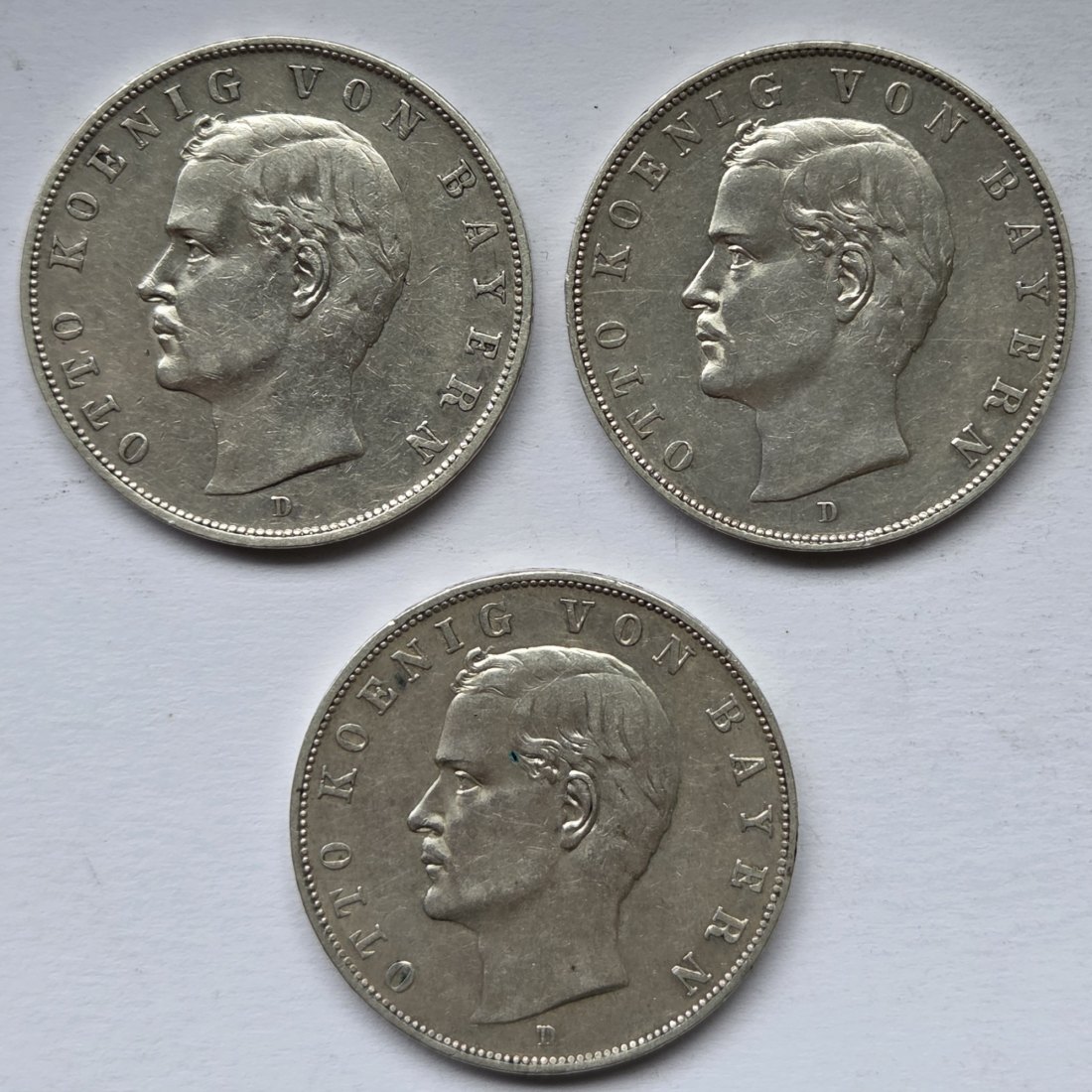  Kaiserreich: Bayern, 3 Mark Otto (Jaeger 47), 3 Stück (1909 + 1910 + 1912)   
