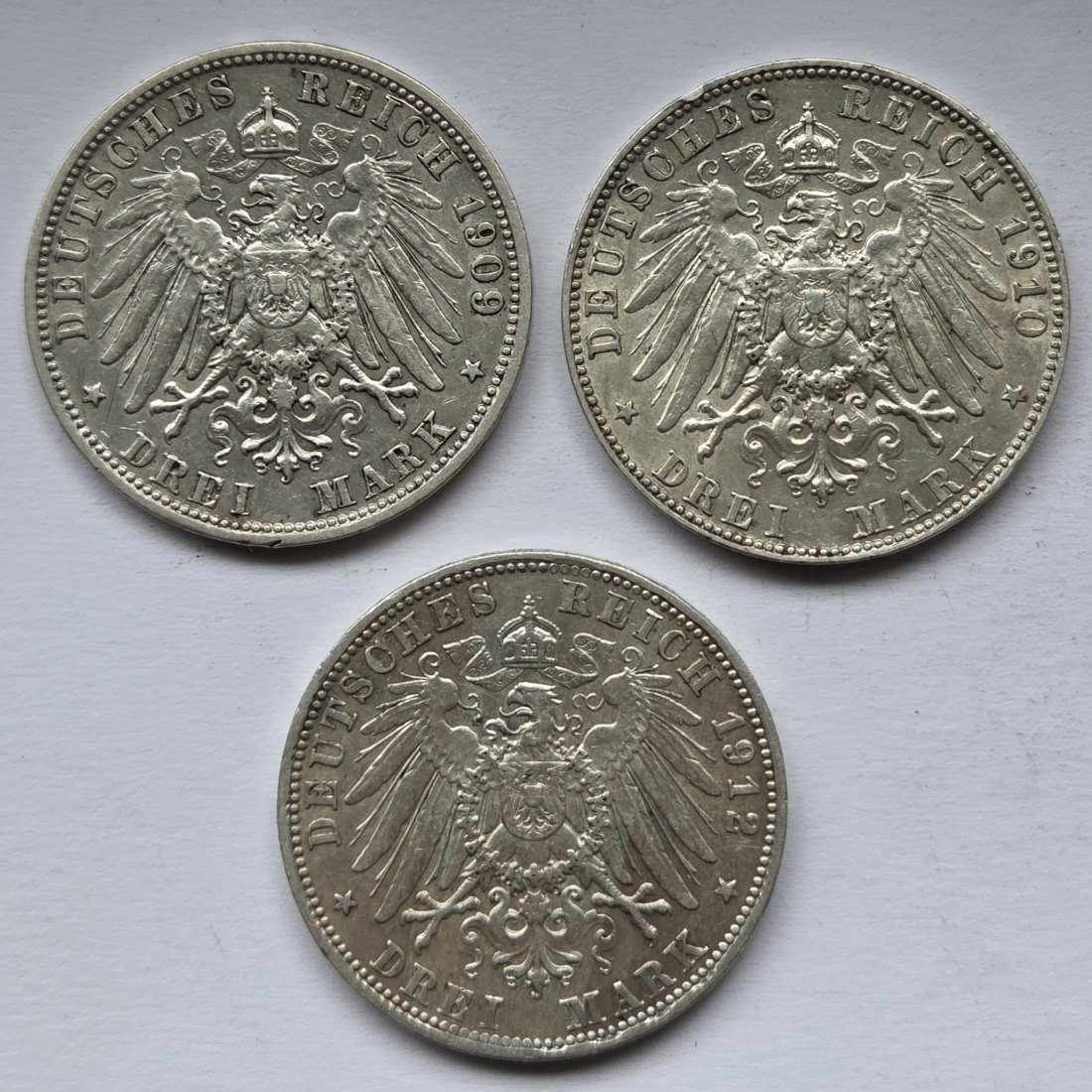  Kaiserreich: Bayern, 3 Mark Otto (Jaeger 47), 3 Stück (1909 + 1910 + 1912)   