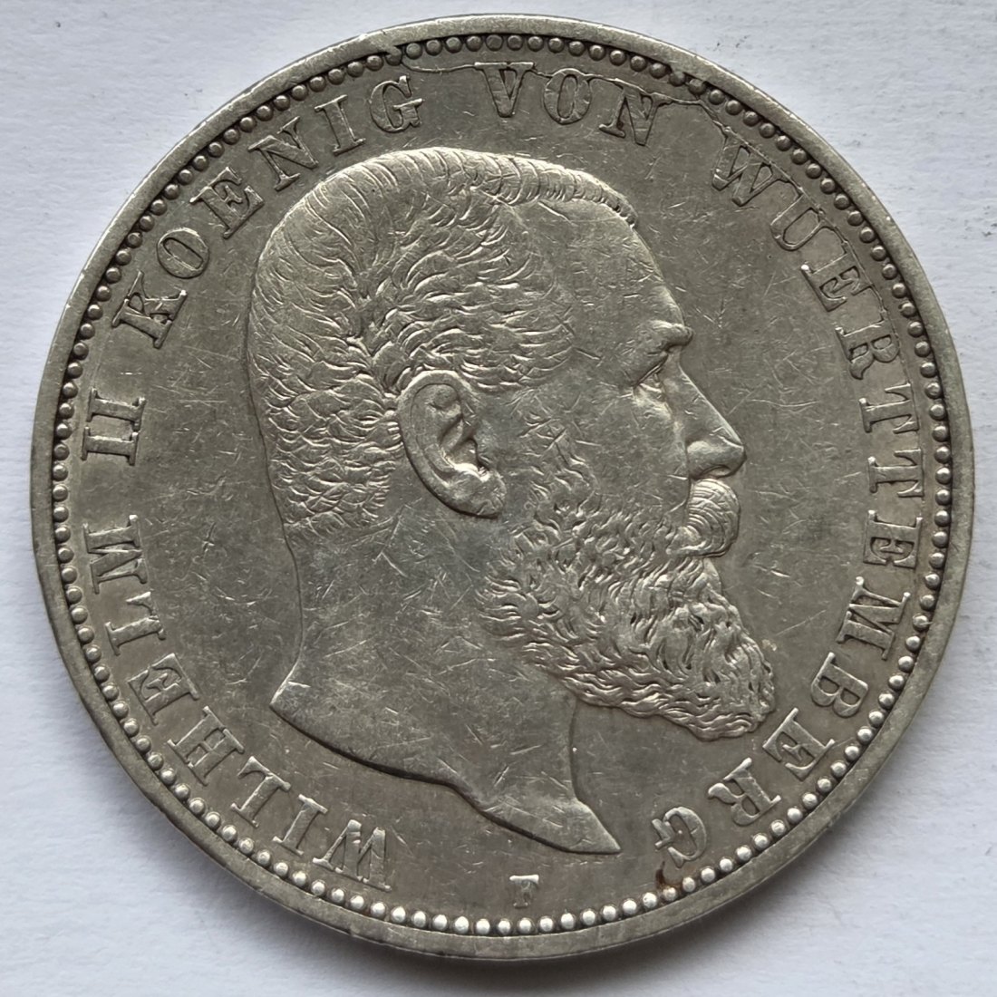  Kaiserreich: Württemberg, 5 Mark Wilhelm II. (Jaeger 176), 1908   
