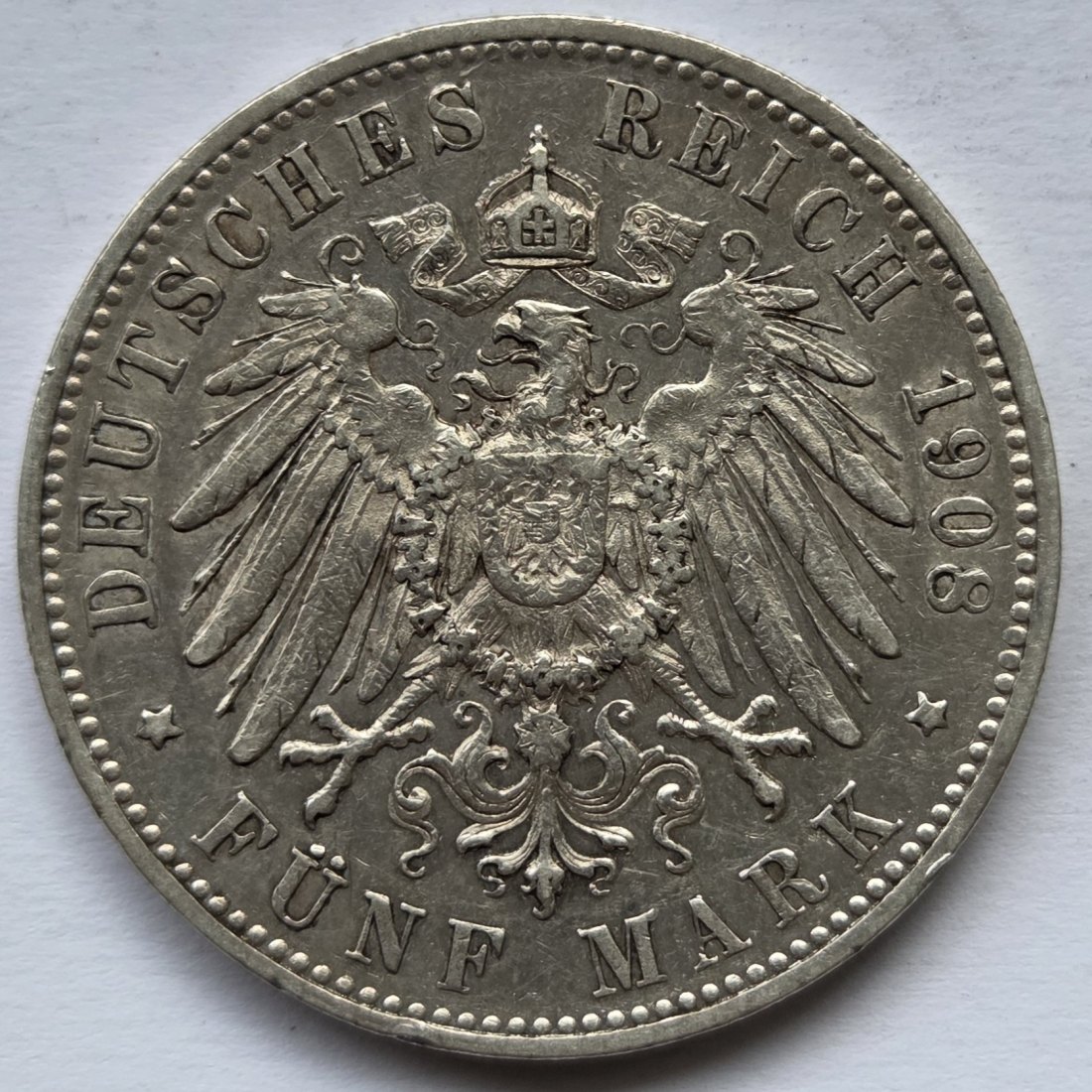  Kaiserreich: Württemberg, 5 Mark Wilhelm II. (Jaeger 176), 1908   