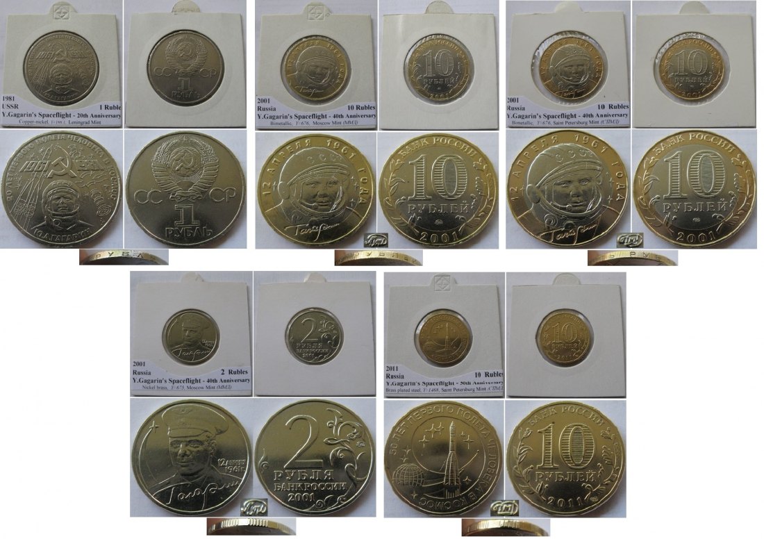  1981-2011,set 5 Soviet/Russian coins- Anniversaries of space flight Y. Gagarin   