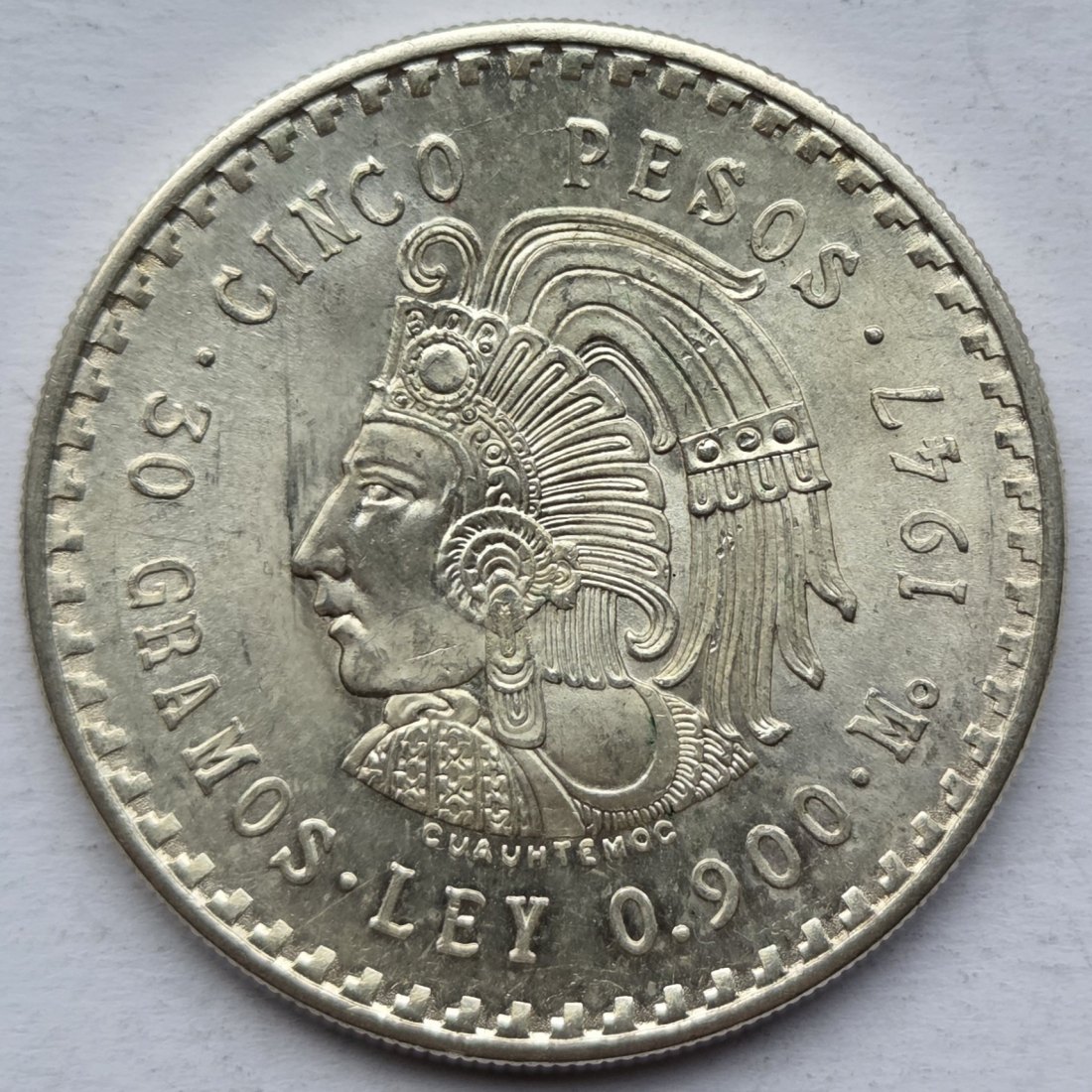  Mexiko: 5 Pesos Cuauhtemoc 1947, 27 g Feinsilber   